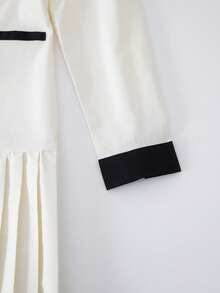 少女撞色饰边纽扣前褶优雅长袖连衣裙 - 白色 - 查看 7