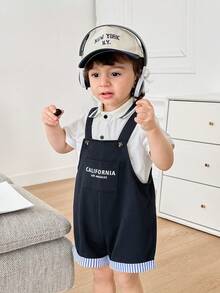 SHEIN Leap Crew 2件套男婴可爱休闲学院风短袖字母印花polo衫和背带短裤套装（含内衣），适合生日派对、晚宴、演出、婚礼、迎婴派对、一周岁生日庆祝等场合。 - 彩色 - 查看 4