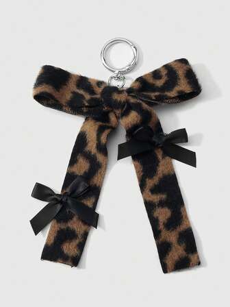 Kawaii 1 pieza Llavero/Accesorio para bolso con lazo de cinta estampado de leopardo con perlas falsas blancas, estilo coreano dulce y elegante, hecho a mano, adecuado para niñas y mujeres, regalo