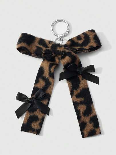 Kawaii 1 pieza Llavero/Accesorio para bolso con lazo de cinta estampado de leopardo con perlas falsas blancas, estilo coreano dulce y elegante, hecho a mano, adecuado para niñas y mujeres, regalo