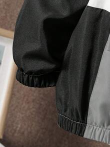 SHEIN Explorewe 2件組小男孩對比色拼接長袖半拉鍊連帽休閒套裝帽衫，秋季款 - 黑與白 - 查看 3