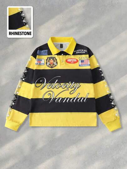 Street Life Men's Striped Preppy Long Sleeve Casual Polo Shirt, Fashionable & Versatile T-Shirt