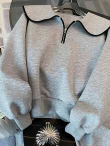 SHEIN 宽松公主领半拉链插肩袖上衣+斜插袋松紧腰休闲裤 - 灰色 - 查看 7