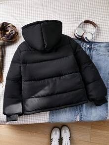 SHEIN 少女羽绒服，黑色长袖连帽，前拉链，罗纹袖口，保暖内衬，休闲百搭，适合秋冬季外出、购物、度假、通勤，可搭配上衣、连帽衫、牛仔裤、运动裤。
