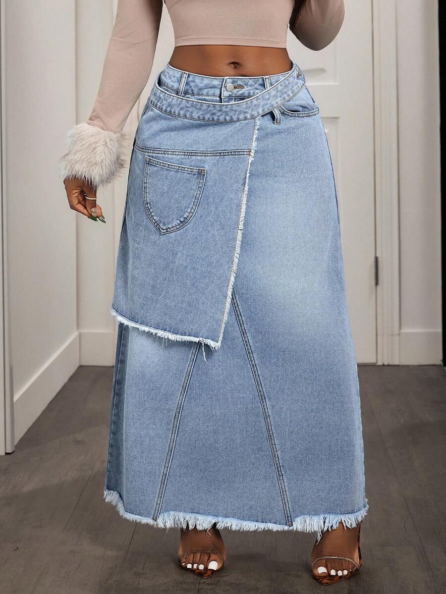 Slaydiva 女士休闲毛边牛仔迷你裙 - 藍色 - 查看 1