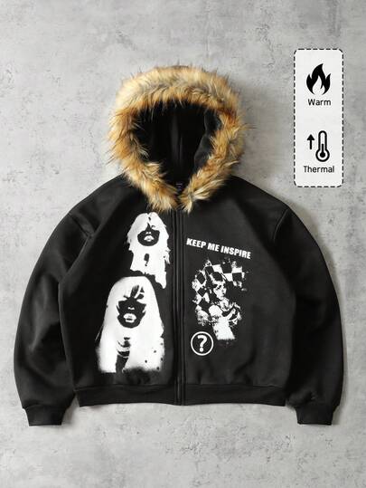 Grunge Punk بلوزة رجالية كنزة بقلنسوة ذات أكمام طويلة بطباعة بسيطة