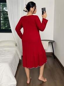 SHEIN Plus Size Lovely Heart Contrast Color Knit Nightgown, Winter - Burgundy - View 2