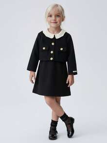 Maija Kids 女童黑色双面外套和撞色领连衣裙休闲两件套 - 黑色 - 查看 3