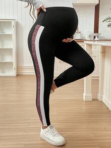 SHEIN Comfortable Maternity Cropped Leggings Knitted Fabric With Graphic Side Stripes And Adjustable Button Waist For Expecting Moms - Multicolor - View 5