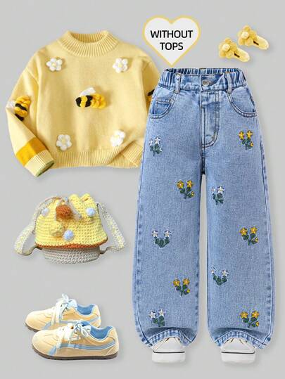 SHEIN Young Girl Fashion Snow Flower Washed Floral Embroidered Wide Leg Jeans Girls' Loose Jeans Y2K Wide-Leg Jeans, Girls' Loose-Fitting Jeans, Relaxed Denim Pants, 2026 New Aesthetic Youth Clothing. Girls' Jeans, 2026 New Arrival, Light Wash Denim With Flower Embroidery, Casual Straight-Leg Pants, Suitable For Holidays, Daily Outings, School, Parties, Christmas, And Other Occasions. Girls' Flower-Embroidered Casual Wide-Leg Ripped Washed Jeans, Suitable For Spring, Summer, Autumn, And Winter Outfits