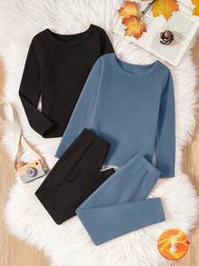 SHEIN Genkimix Kids 2pcs Young BoySoft Fleece Long Sleeve Top And Pants Underwear Set - Multicolor - View 3