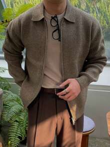 DAZY Men's Brown Cardigan Sweater With Turndown Collar And Double Zipper Design, Autumn/Winter - Coffee Brown - View 4