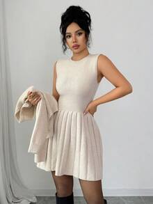 Elenzga 女士灰色时尚连衣裙和开衫毛衣两件套 - 杏色 - 查看 7