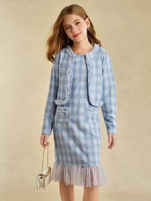 Sparklyn 2pcs/Set Tween Girls Plaid Jacket And Mesh Inset A-Line Dress Outfit, Autumn/Winter - Multicolor - View 4