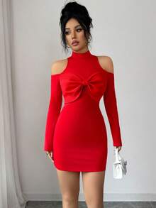 Selianne New High Collar Red Bow Sexy Off-Shoulder Long Sleeve Bodycon Dress, Elegant, Unique, Versatile, Suitable For Christmas, Halloween, Valentine's Day Dates, Autumn/Winter - Cherry Red - View 6