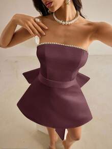 Vowa Elegante e lussuoso abito da cerimonia da sposa con fiocco oversize glamour e colletto con perle, adatto per matrimoni, addii al nubilato, vacanze e gala - colore granata - Visualizzare 7