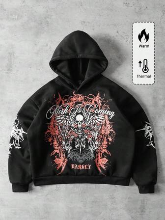 Street Life Men's Skull Loose Fit Graphic Print Hoodie, Retro Street Style