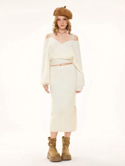 ROMWE Avant Women's Thick Strap Backless Long Sleeve French Casual Sexy Lace Strap Deep V Off Shoulder Pullover Sweater Paired With Bodycon Mini Skirt, 2 Pieces Sweater Set