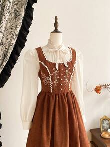 Vintamour 复古经典优雅女士连衣裙，修身刺绣连衣裙，撞色滚边花卉连衣裙，方领连衣裙，无袖连衣裙，带口袋连衣裙，秋冬款 - 棕色 - 查看 5