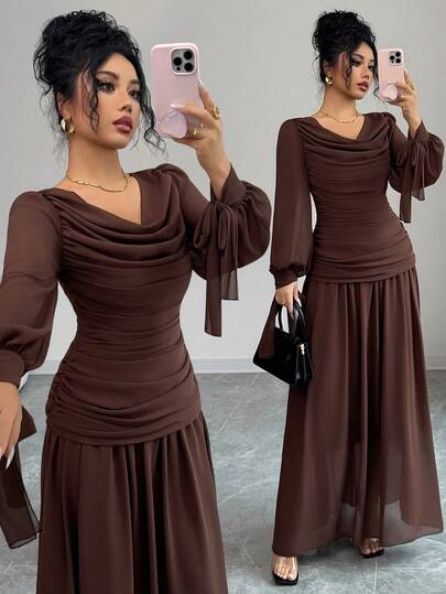 Elenzga Women's Elegant Chiffon Dress With Ruffle Collar, Lantern Sleeve, Tie Waist Design, Suitable For Formal Occasions Like Cocktail Party, Wedding, Graduation Ceremony, Halloween, Christmas, Saudi National Day, New Year, Brown