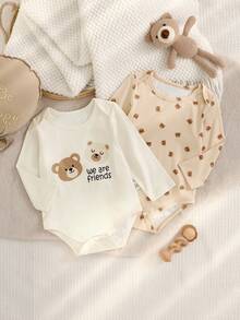 SHEIN 2 piezas Bodys casuales de uso diario con estampado de animales lindos para bebés niños, otoño - Beis - Ver 9