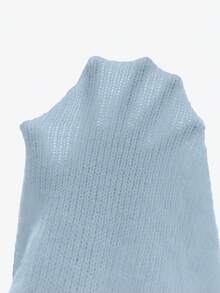 SHEIN Women's Blue Round Neck Reverse Cuff Wool Blend Pullover Sweater - Blue - View 8