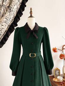 Vintamour 复古优雅女士连衣裙，带口袋腰带，撞色拼接蝴蝶结纽扣，休闲通勤度假长裙 - 墨綠色 - 查看 8