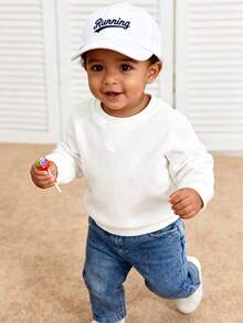 SHEIN Playful Pals 1 pieza Sudadera de cuello redondo de manga larga blanca casual para bebé niño, niña o unisex, de 6 meses a 3 años, adecuada para todas las estaciones, simple y versátil - Blanco - Ver 7