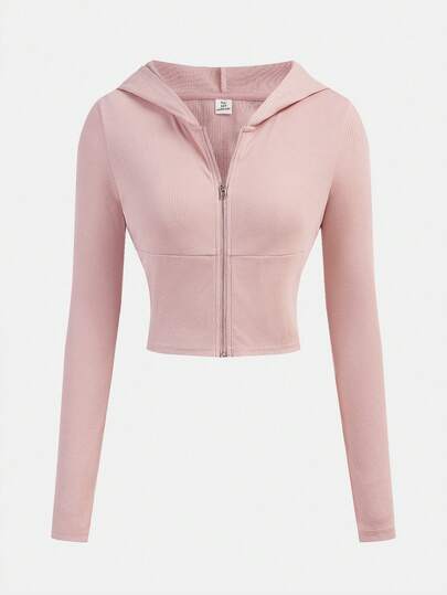 SHEIN Girlism 少女粉色罗纹针织连帽拉链开衫，修身长袖休闲外套