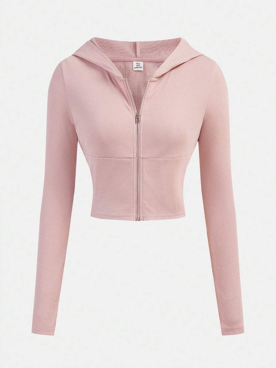 SHEIN Girlism Teen Girls' Pink Ribbed Knit Hooded Zip-Up Cardigan, Fitted Waist Long Sleeve Casual Outerwear Pink Hoodie Zip Up Hoodie Pink Jacket Teen Zipper Front Hoodie Set Cropped Hoodie - Pink - View 1