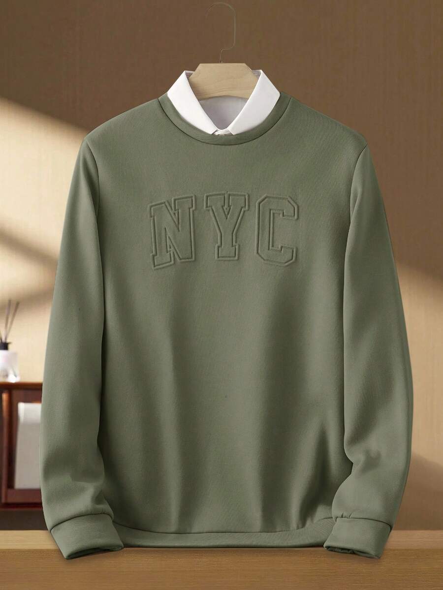 Manfinity VCAY 男士休闲简约字母压纹针织卫衣，秋季款 - 軍綠色 - 查看 1