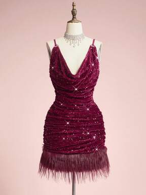 Women's Sequin Patchwork Faux Fur Hem Ruffle Strap Mini Dress