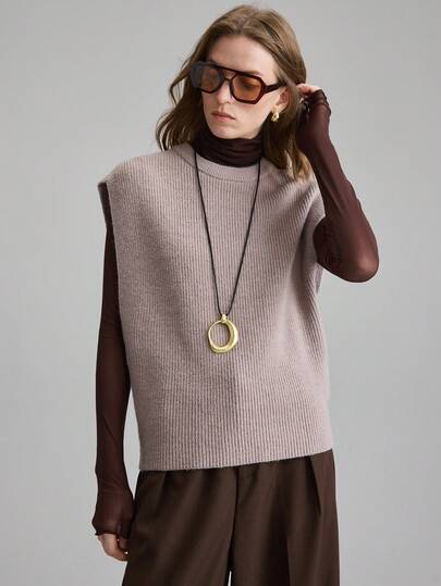 Ontre 2026 女士轻薄灰色舒适柔软纱线小圆领宽松无袖毛衣，时尚休闲商务风，优雅都市通勤高品质机场服装，百搭女士针织上衣