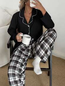 SHEIN Conjunto de pijama a cuadros con botones y cuello para mujer, ropa de otoño e invierno