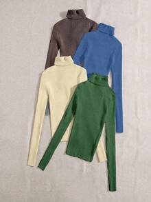 SHEIN Franclia 4 chiếc áo len dệt kim dài tay cổ lọ màu trơn dành cho nữ - Nhiều màu - Xem 2