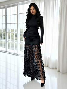 Rafferiza 女士时尚高领长袖褶皱网纱修身中长连衣裙，适合日常穿着、婚礼、晚宴、通勤、毕业派对、节日、约会、聚会、万圣节、圣诞节、新年、感恩节等场合。 - 黑色 - 查看 4