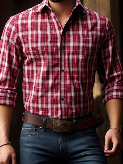 Manfinity Nomadique Herren einfaches rot-schwarzes kariertes Langarmhemd, Knopfleiste Lässig Hemd für Party, Herbst