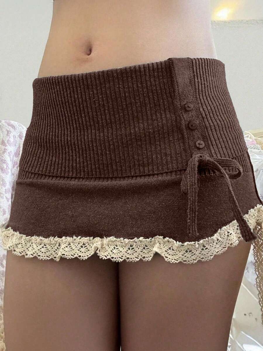 Lace Trim Side Tie-Up Knitted Women Skirt Brown Cute - Coffee Brown - View 1