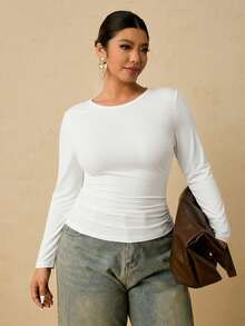 Freevana Große Größen Damen Schwarz Langarm Rundhals Thermo Unterhemd, Taille gerafft Bauchkontrolle T-Shirt - Weiss - Übersicht 5