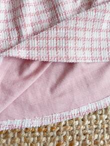 PrepCrw 2pcs Tween Girls Elegant School Style Casual Urban White Trim Pearl Button Pink Plaid Jacket And Skirt Set, Suitable For Home, Daily Wear, Christmas, Festivals, Autumn/Winter  Skirt And Jacket Set Tweed Set Pink Tweed Outfit Tweed Skirt Set Preppy Two Piece Set,Fall Girls Tweed Outfit Pink Tweed Set Gingham Set Girld Outfit Set Aesthetic Preppy Clothes For Girls 12,Holiday , Christmas