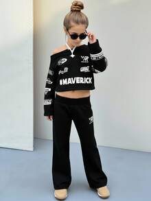 年轻女孩字母印花不对称肩长袖运动衫和阔腿裤休闲套装，秋季 - 黑色 - 查看 6