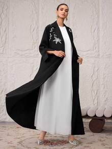 Al Najma Abaya abierta bordada de estilo casual y modesto para mujeres, vestido árabe para mujeres, abayas musulmanas de lujo para mujeres en invierno - Negro - Ver 7