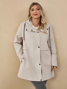 Rosumi Plus Size Women's Solid Color Long Sleeve Single-Breasted Casual Hooded Trench Coat, Casual Minimalist Style For Everyday Wear,Going Out, Hooded Long Coat For Women, Women Trench Coat With Hood,Fall Clothes For Women