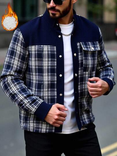 Manfinity Homme Men's Autumn Plaid Patchwork Long Sleeve Single-Breasted Casual Pocket Jacket, Streetwear Button Up Men Shacket, Men Flannels Plaid Jacket, Streetwear Daily Leisure, Weekend Trips, Outdoor Activities, Travel Expeditions, Relaxed Work Environments Or Semi-Formal Occasions,Boyfriend/Husband Gift, Anniversary Gift Christmas