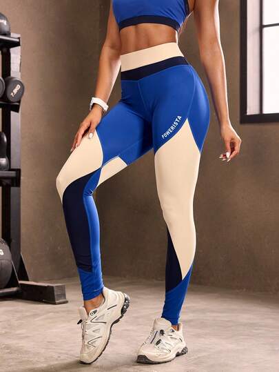 Powerista Women's Contrast Color High Waist Everyday Fitness Leggings Sport Yoga Leggings Color Block Workout Set Blue Leggings Women