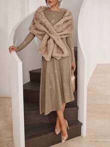 Modelyn Women's Solid Color Round Neck Long Sleeve Pleated Shiny Elegant Mid-Length Dress - Khaki - View 6
