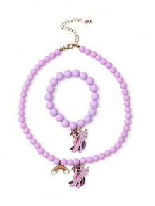 My Little Pony X SHEIN 2件或3件套时尚可爱甜美锌合金女士手链项链套装，手工串珠饰品，独角兽、暮光闪闪、萍琪派和云宝黛西图案，紫色、粉色和蓝色 - 彩色 - 查看 10