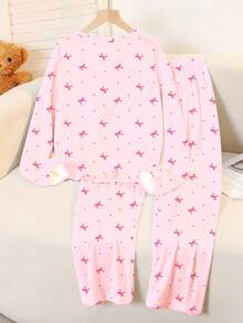 2件套少女波点蝴蝶结印花休闲宽松圆领长袖T恤和长裤睡衣套装，适合所有季节居家穿着，浅粉色 - 彩色 - 查看 6