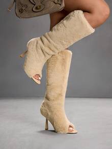 CUCCOO SZL Women's Fashionable Furry Peep-Toe High Heel Over-The-Knee Boots For Christmas - Apricot - View 3