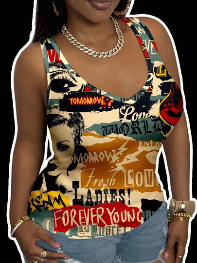 Slaydiva Plus Size Women's Casual Basic Vintage Portrait Graphic V-Neck Tank Top, White Back To School